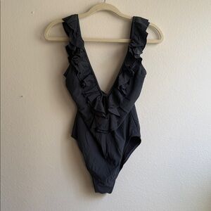 Ruffled Deep V One-Piece Swimsuit - charcoal